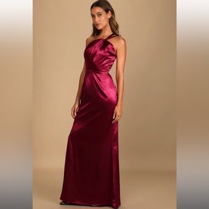 Devotion to Love Wine Satin One-Shoulder Maxi Dress